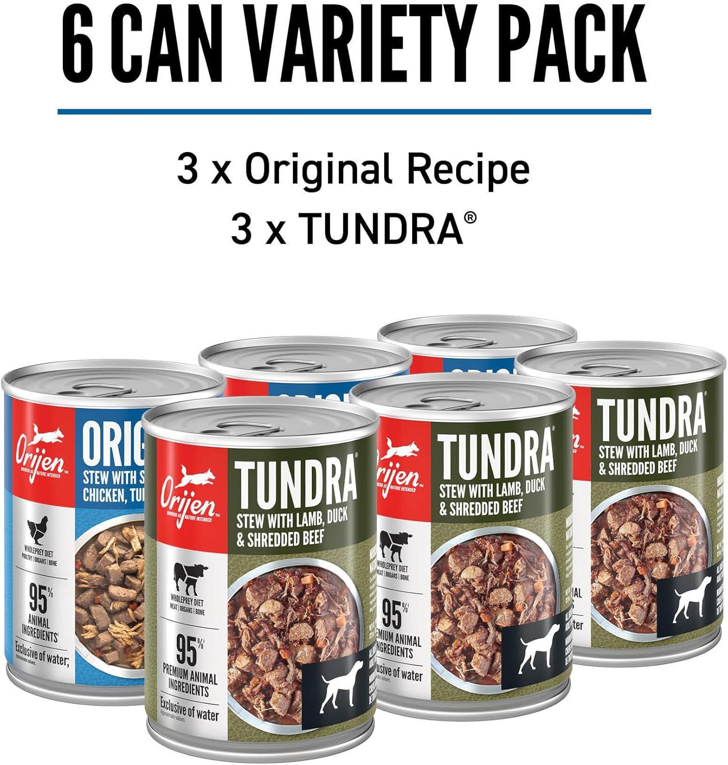 imageORIJEN Real Meat Shreds Wet Dog Food Variety Pack Tundra  Original Recipes 128oz Cans 6 Count 3 of Each