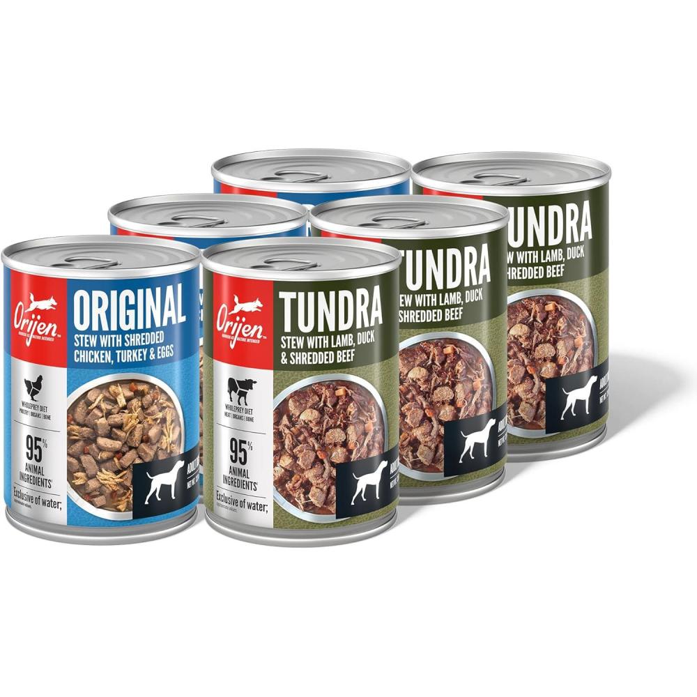 imageORIJEN Real Meat Shreds Wet Dog Food Variety Pack Tundra  Original Recipes 128oz Cans 6 Count 3 of Each