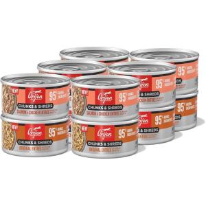 imageORIJEN Chunks ampamp Shreds Wet Cat Food Variety Pack Original  Salmon ampamp Chicken Entres 3oz Cans 12 Count 6 of EachVariety Pack Original Entre  Salmon  Chicken Entre Chunks  Shreds