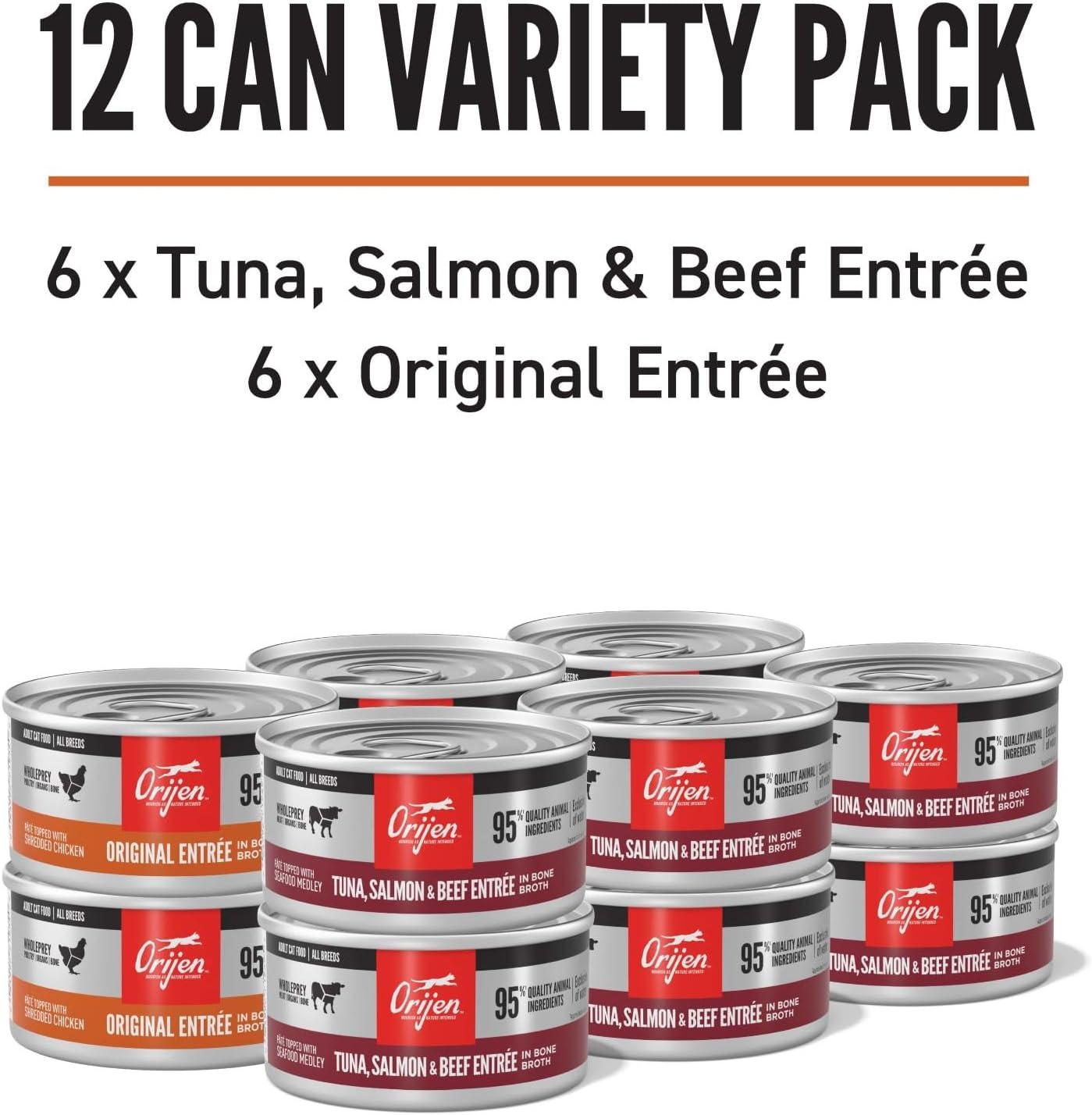 imageORIJEN Premium Pate Wet Cat Food Variety Pack Tuna Salmon ampamp Beef  Original Entres 3oz Cans 12 Count 6 of Each